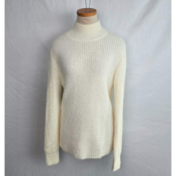 Marled Sweater Women's L Cream Mock Neck Soft Elegant Long Sleeve Fuzzy - Picture 1 of 16